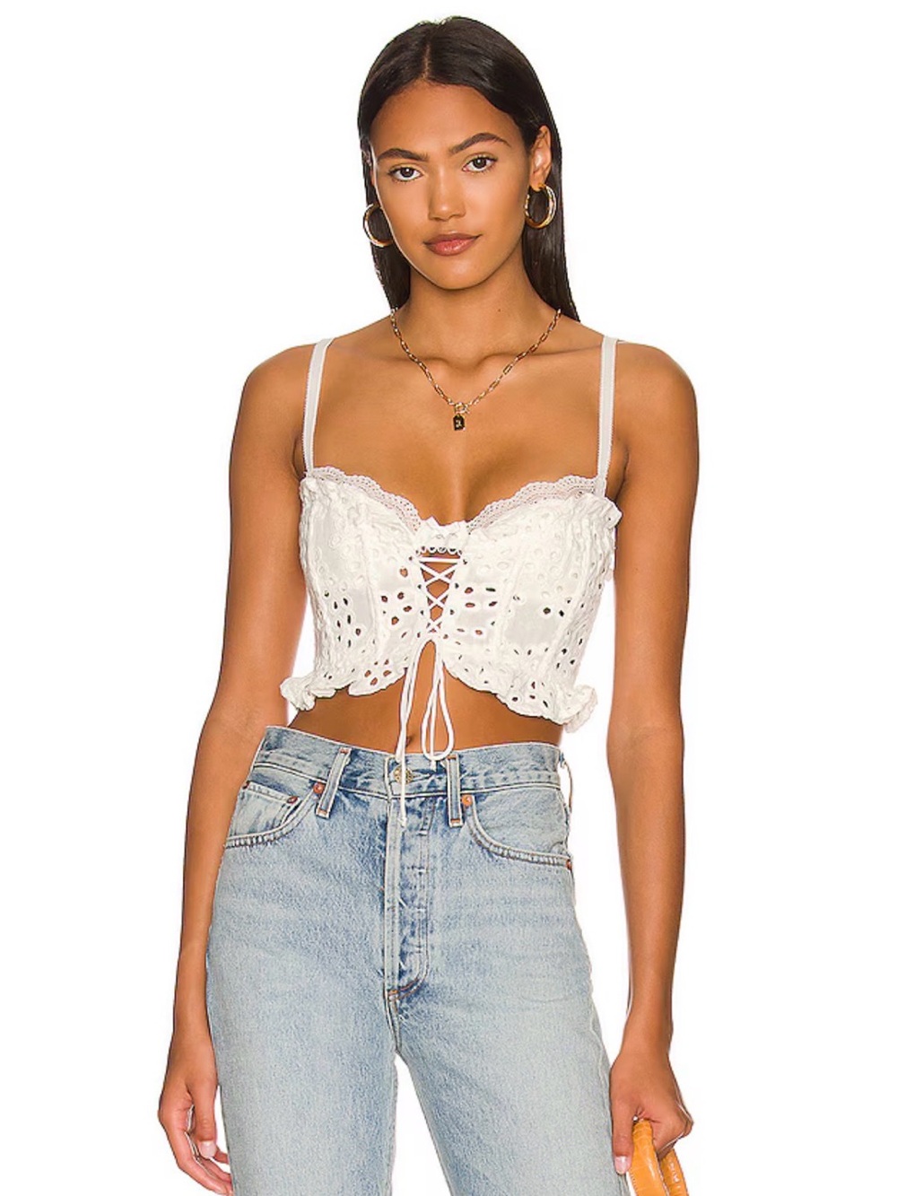 For Love & Lemons White Eyelet Lace-Up Crop Camisole